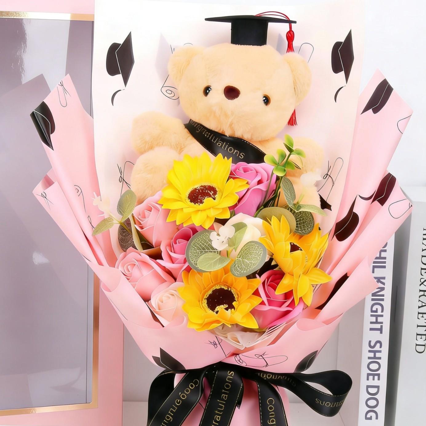Graduation Teddy Bear Bouquet with Sunflower Soap Flowers, PhD Bear Plush Stuffed Animal in Window Gift Box, Artificial Floral Arrangement, Class of 2026 Gift for Friend