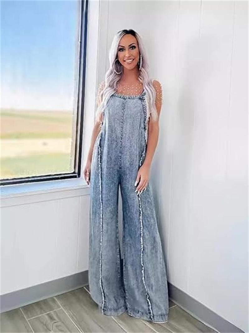 CHARTOU women's loose denim jumpsuit brushed and worn denim workwear adjustable shoulder straps wide leg jumpsuit