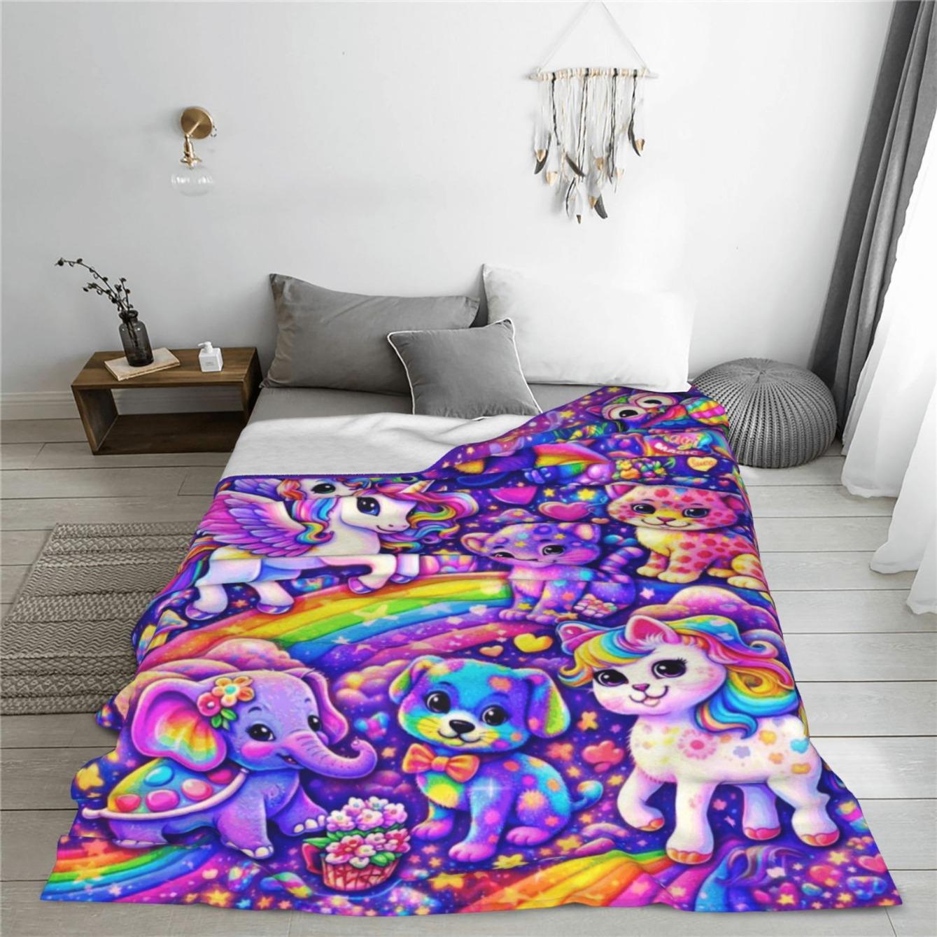 Polyester Full-Print Magic Animals Flannel Throw Blanket - Cute Rainbow Unicorn, Elephant, Puppy, Leopard Designs, Soft Lightweight Warm, Multi-Use for Sofa/Bed, Indoors/Outdoors, Gift for Kawaii Aesthetic Lovers