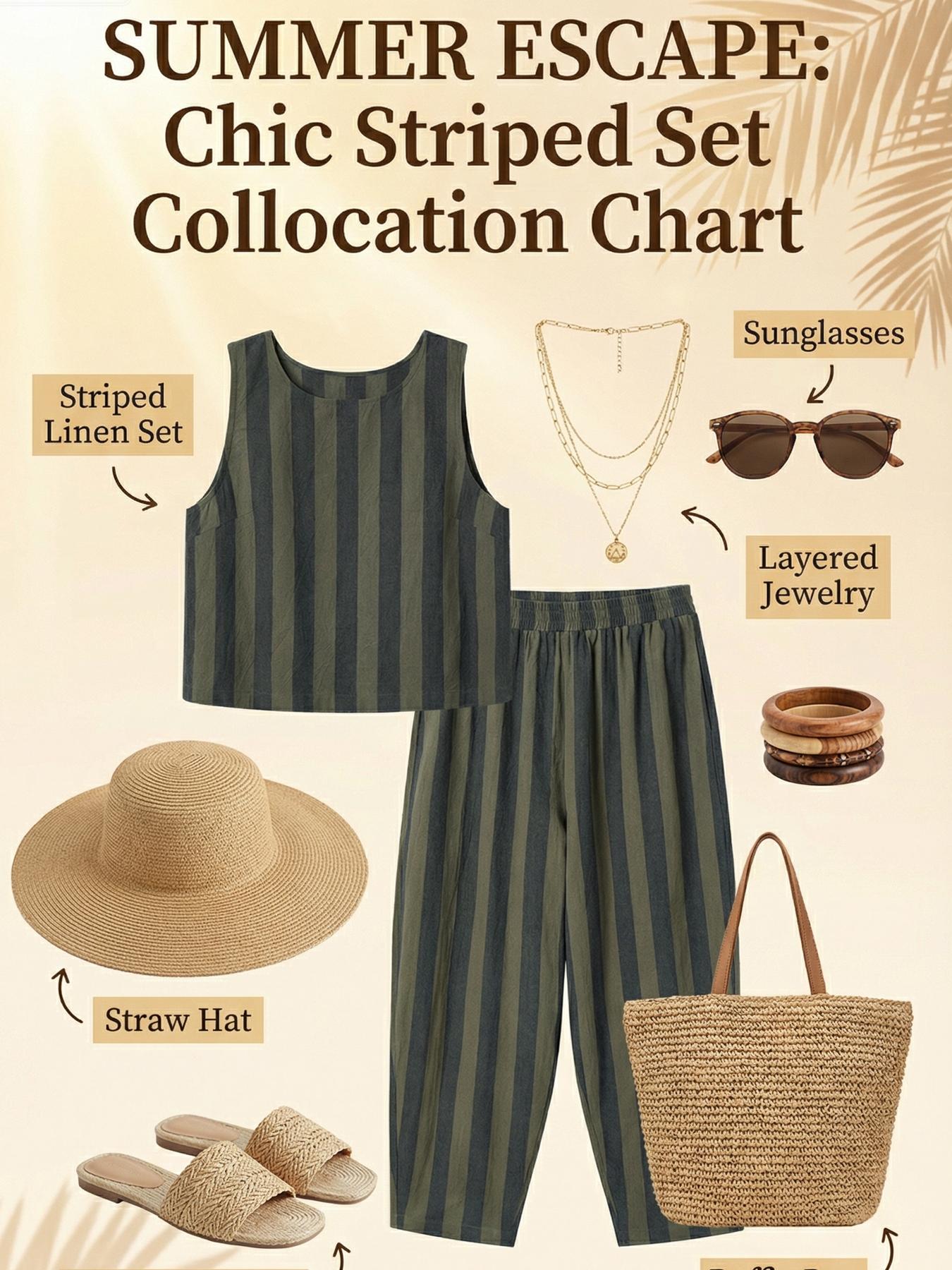 Women's Summer New Cotton Striped Set Suits, Sleeveless Crop Top & Wide Leg Pants, Casual Loose Fit, Beach Travel Vacation Wear