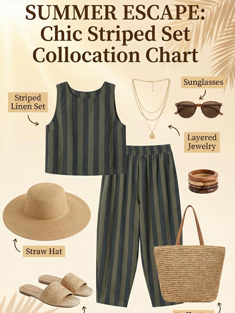 Women's Summer New Cotton Striped Set, Sleeveless Crop Top & Wide Leg Pants, Casual Loose Fit, Beach Travel Vacation Wear