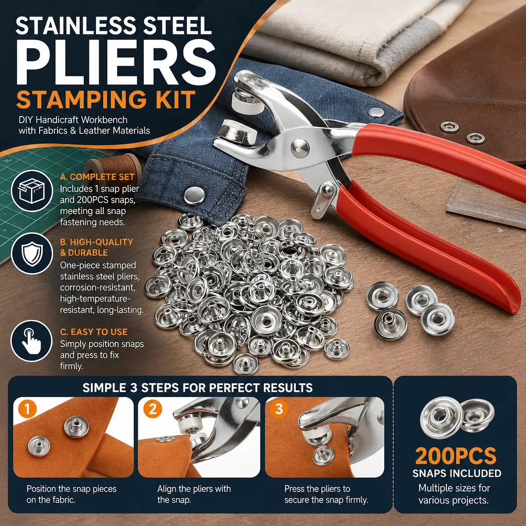 Snap Pliers Kit - Stainless Steel Snap Fastener Tool Set with 200PCS Metal Snaps, Press Stud Pliers for Clothing, Leather, Fabric, Sewing Crafts, DIY Handmade Projects and Repair Work