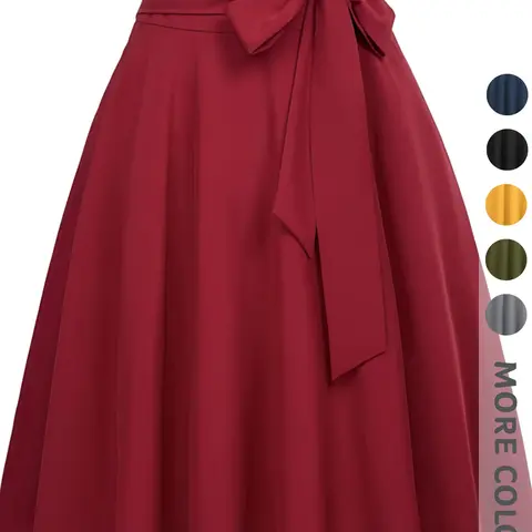 New Women's Solid Color Midi Skirt, High Waist Fitted Flared Design, Elegant Zipper Bow Belt, All Seasons Fashionable Commute Wear Office Skirt