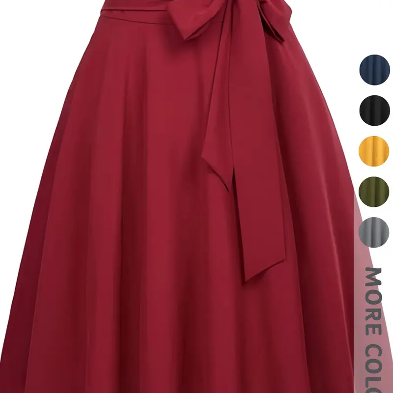 New Women's Solid Color Midi Skirt, High Waist Fitted Flared Design, Elegant Zipper Bow Belt, All Seasons Fashionable Commute Wear Office Skirt