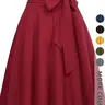 New Women's Solid Color Midi Skirt, High Waist Fitted Flared Design, Elegant Zipper Bow Belt, All Seasons Fashionable Commute Wear Office Skirt