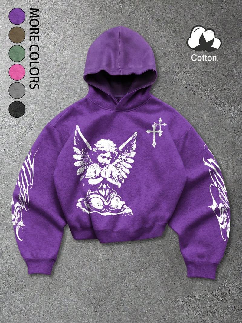 Unisex Vintage Street Style Angel Prayer Hoodie with Distressed Cross Print, Loose Gothic Sweatshirt for Trendy Couples and Fashion Enthusiasts Unisex Vintage Street Style Angel Prayer Hoodie with Distressed Cross Print, Loose Gothic Sweatshirt for Trendy Couples and Fashion Enthusiasts
