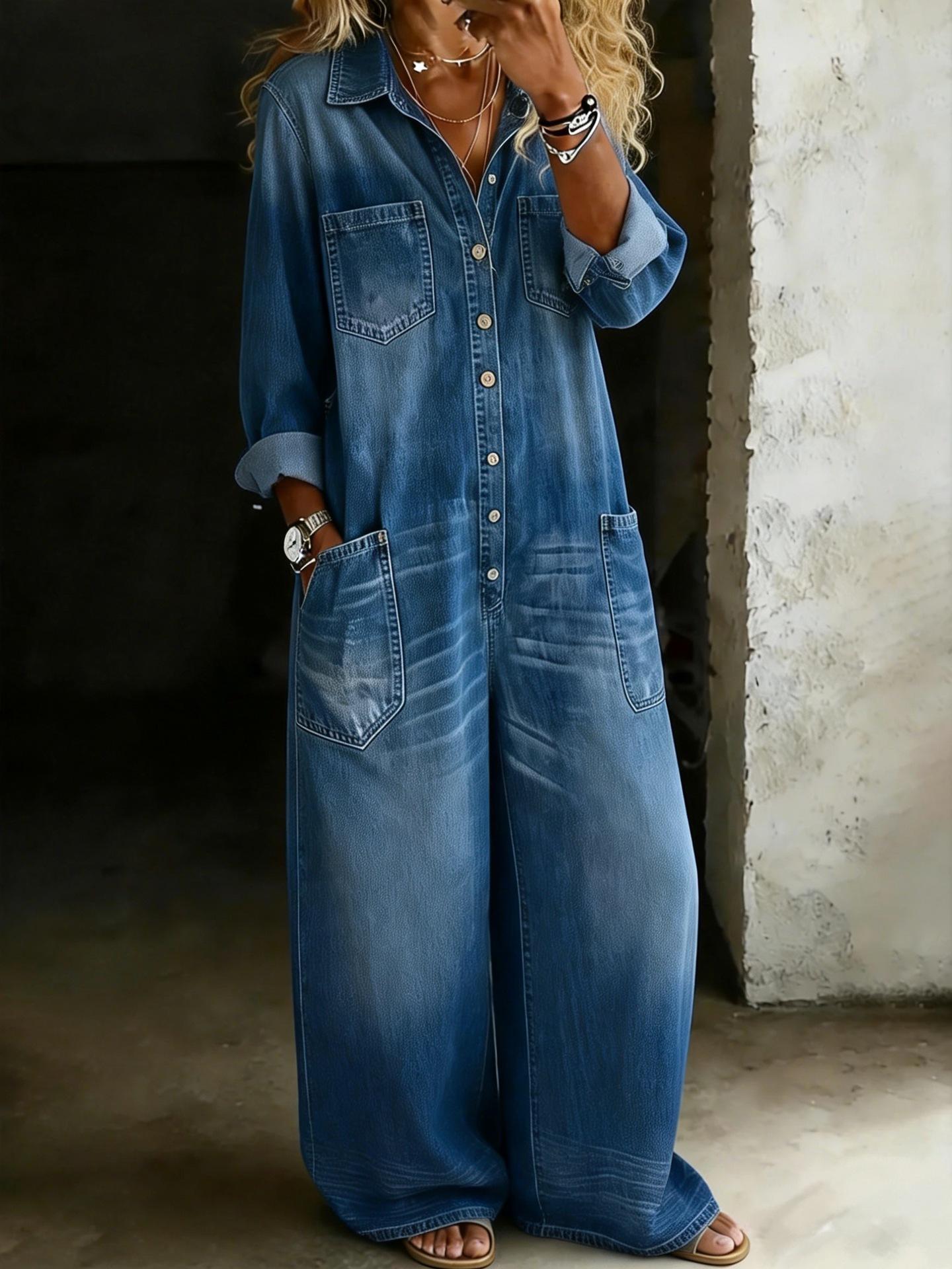Front view of the wide straight-leg denim jumpsuit