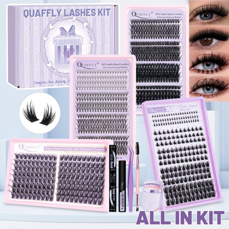 QUAFFLY DIY Lash Extension Kit Natural Bottom Lashes 980Pcs DIY Eyelash Extensions Individual Eyelash Extension Kit with Lash Bond&Seal Remover Tweezer Dual-Ended Brush Lash Curler Easy to Use for Beginners