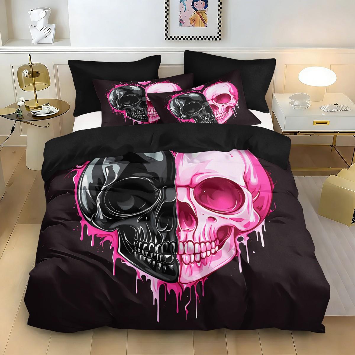 3pc Black and pink patchwork skull bedding Set, Decorative bedding set, including 1 duvet cover and 2 pillowcases, suitable for single and double beds, with multiple sizes available, ideal for bedrooms, dormitories, hotel apartments