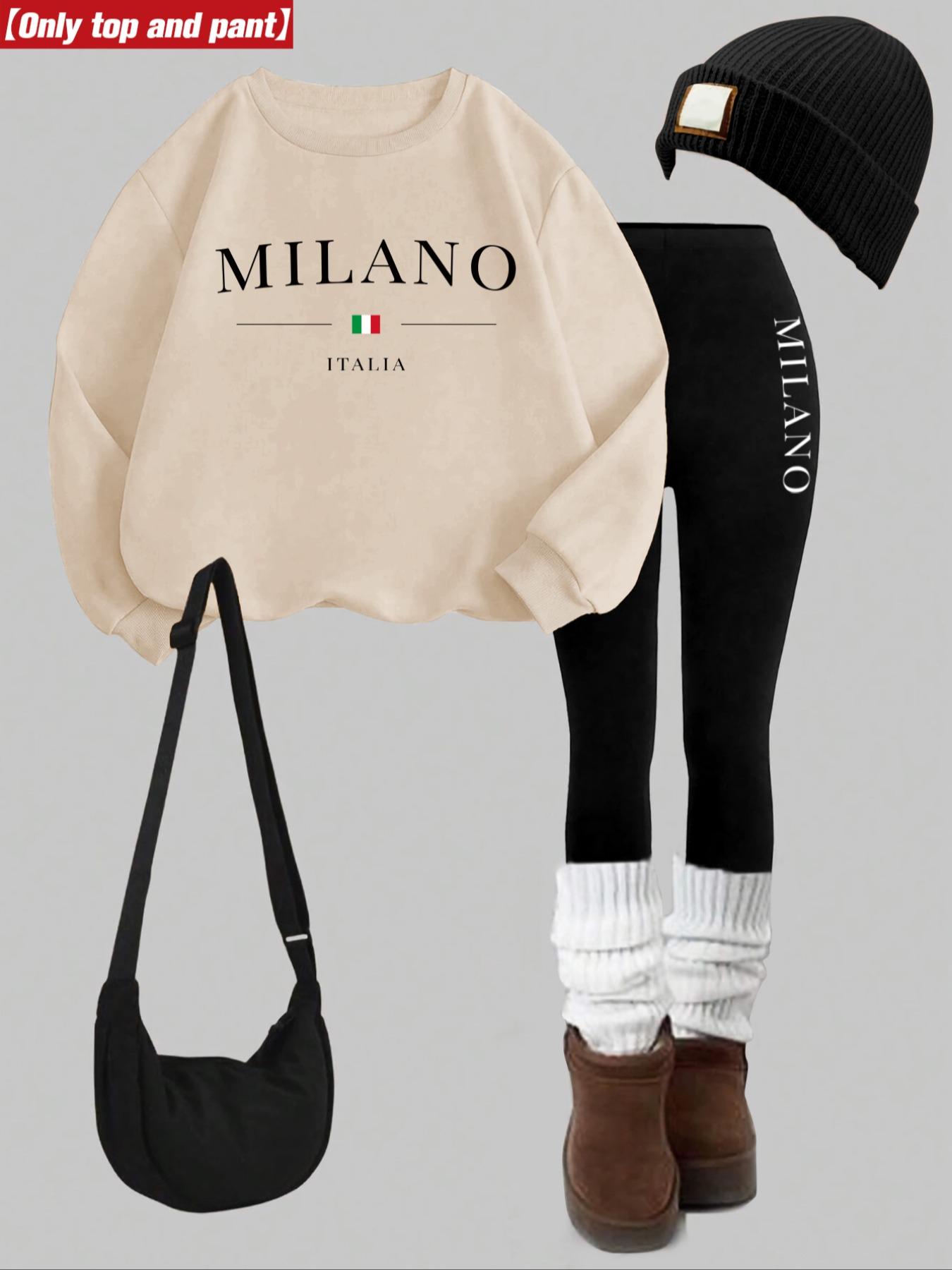 Women's 2-Piece Fitted Sweatshirt Set, Milano Letter Print, Round Neck Long Sleeve, Bottoms Pants, Casual Fall Winter