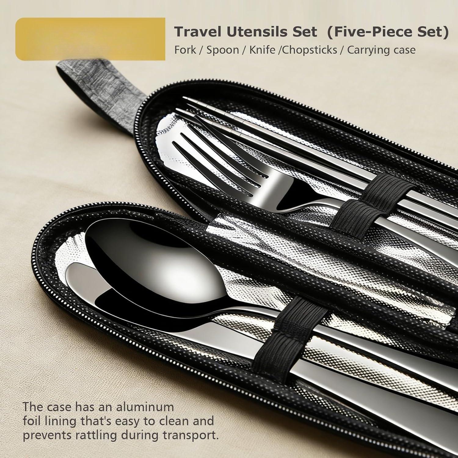 Matte Black 5-Pieces Stainless Steel Unisex Travel Utensil Set with Compact Fit Case - Portable Flatware Includes Fork, Spoon, Chopsticks for Hiking, Outdoor Dining, Daily Use