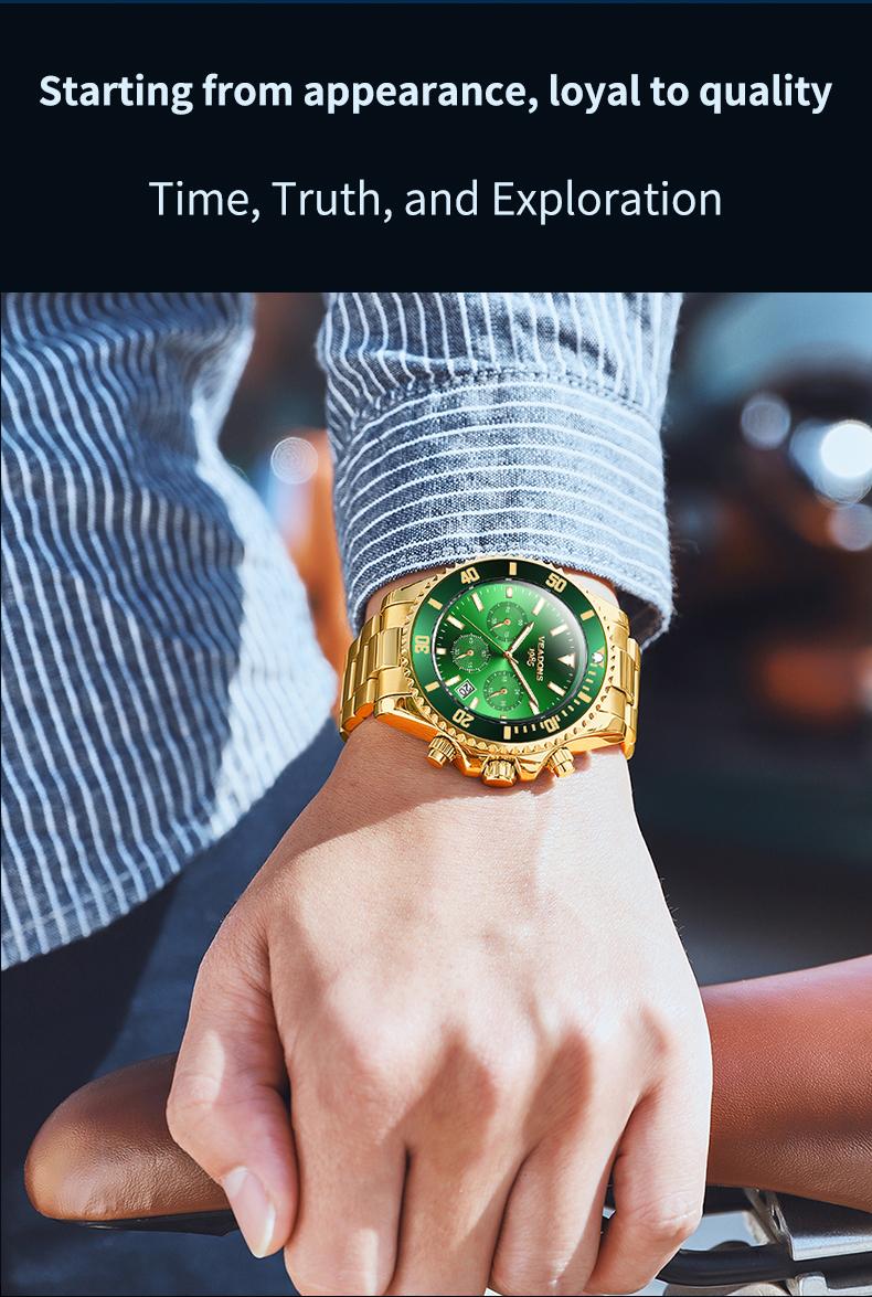 【TikTokShopStockUp】Veadons Men's Luxury Dress Watch, Green Dial, 40mm Stainless Steel Strap, Rotating Quartz Analog, Waterproof Luminous Large Dial Boss Wristwatch summer business