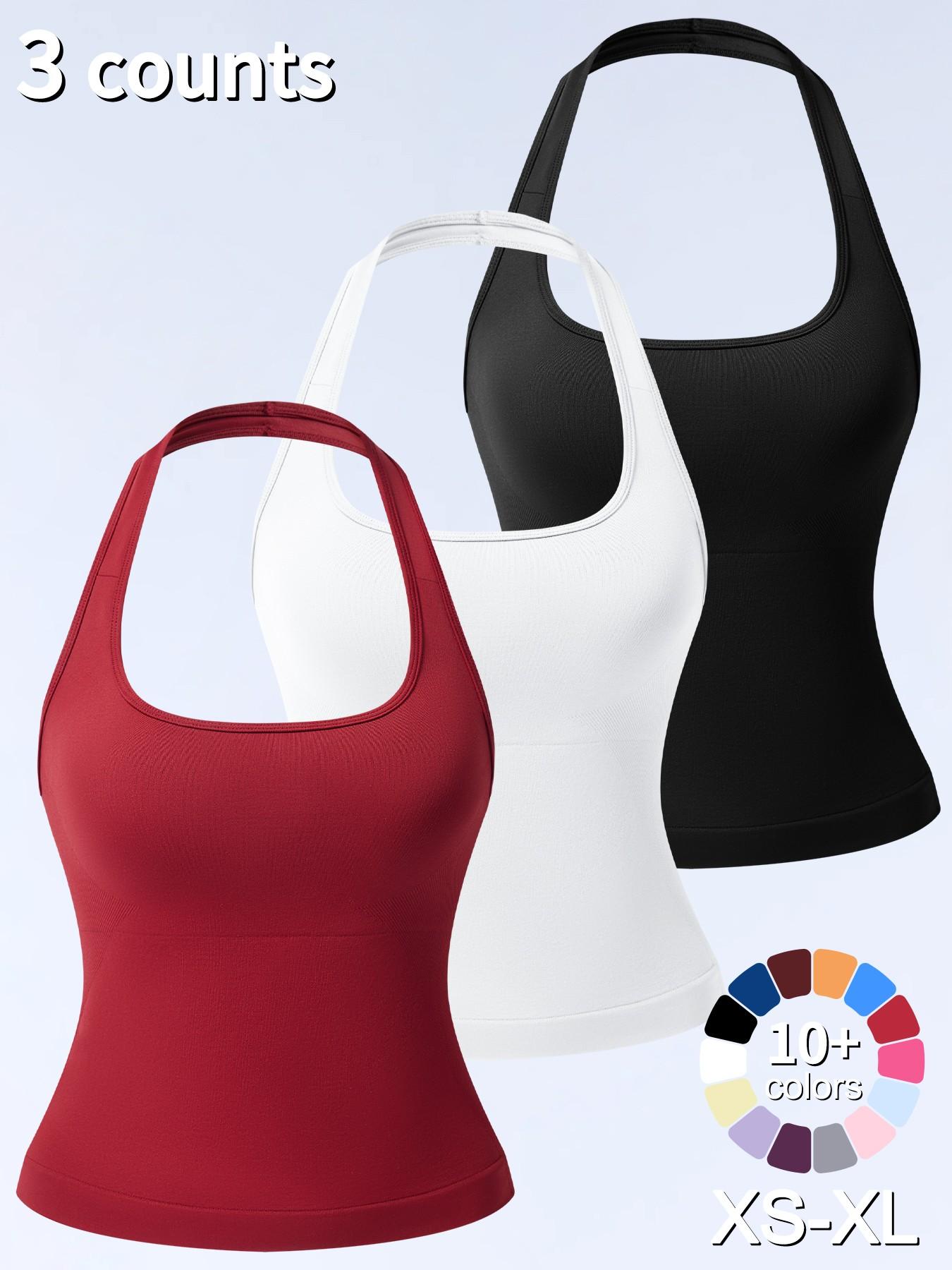 1/2/3/4 Pcs Women's Sleeveless Yoga Halter Neck Tank Top with Removable Pads, Three-Layer Seamless Backless Tank Tops Casual Solid Color Soft All Seasons Wear