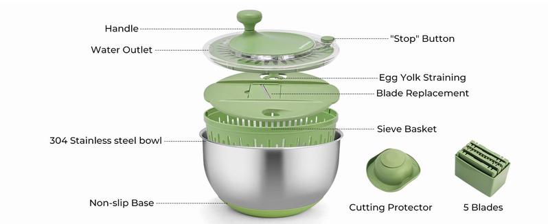 Susteas 5-in-1 Multifunctional Salad Spinner – Large Stainless Steel Chopper, Colander, Dehydrator, Drainer & Bowl – Versatile Kitchen Tool Durable Vegetable Slicer Fruit Vegetable Slicer Utensils