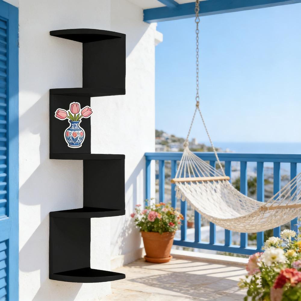 Five-tier corner shelf – a space-saving floating storage rack suitable for bedrooms, living rooms, and bathrooms. This wall-mounted organizer features a European and American style corner floating shelf and a minimalist bookshelf design.