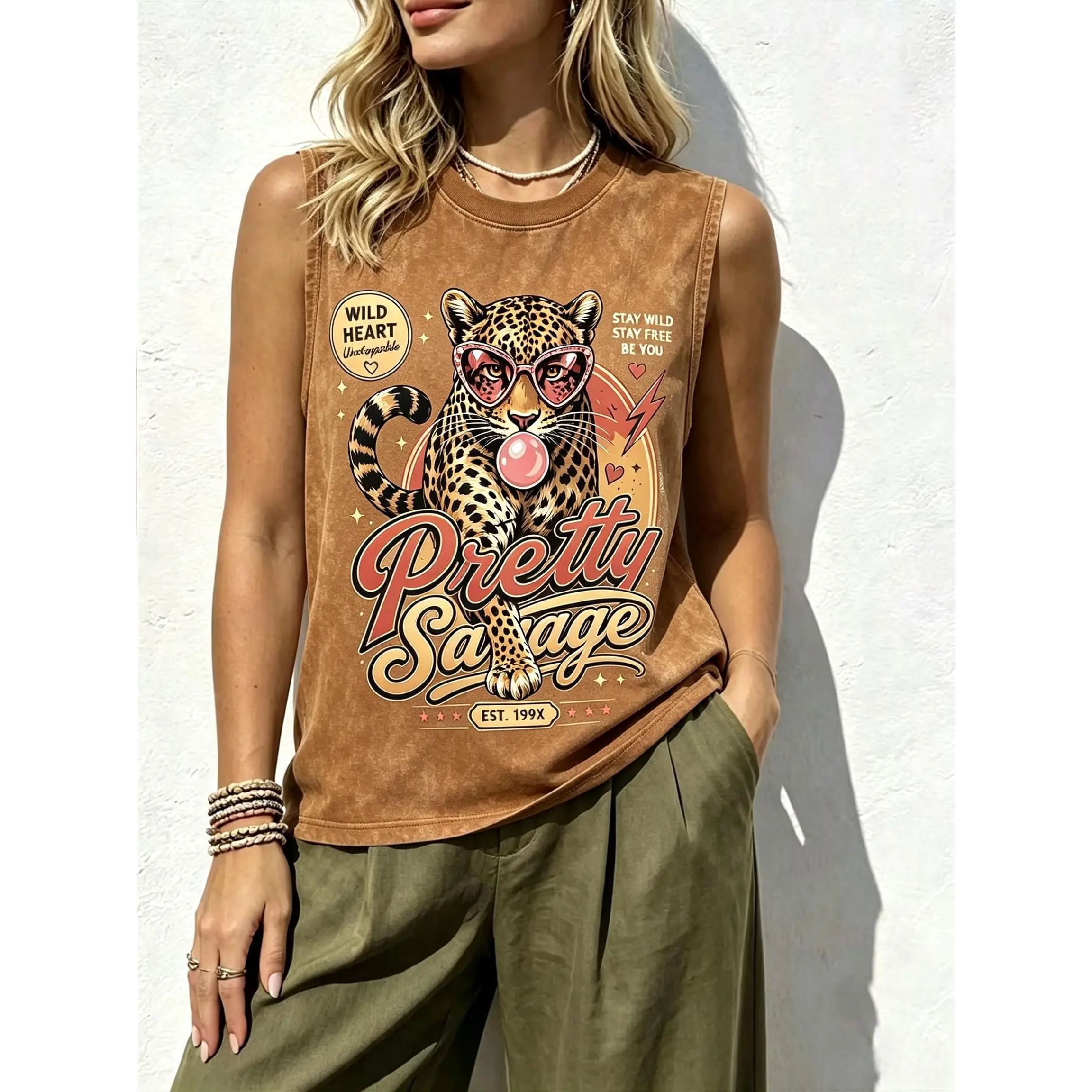 Unisex Vintage Acid Wash Sleeveless Tank Top - Pretty Savage Leopard Bubble Gum Sunglasses Graphic Vest, Retro Wild Heart Casual Streetwear Top