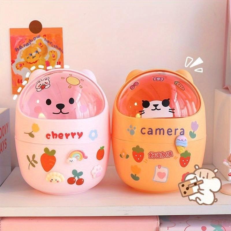Desk Trash Can, Student Desk Storage Box, Office Trash Bin with Teddy Bear Sticker, Compact Desktop Organizer, Essential Home & Office Supply