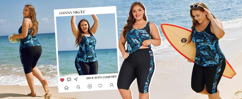 【12-28W】Hanna Nikole Plus Size Two-Piece Swimsuit Women's Sun Protection Knee-Length Swim Shorts Tummy Control Outdoor Swimsuit Tankinis Set Outdoorfun