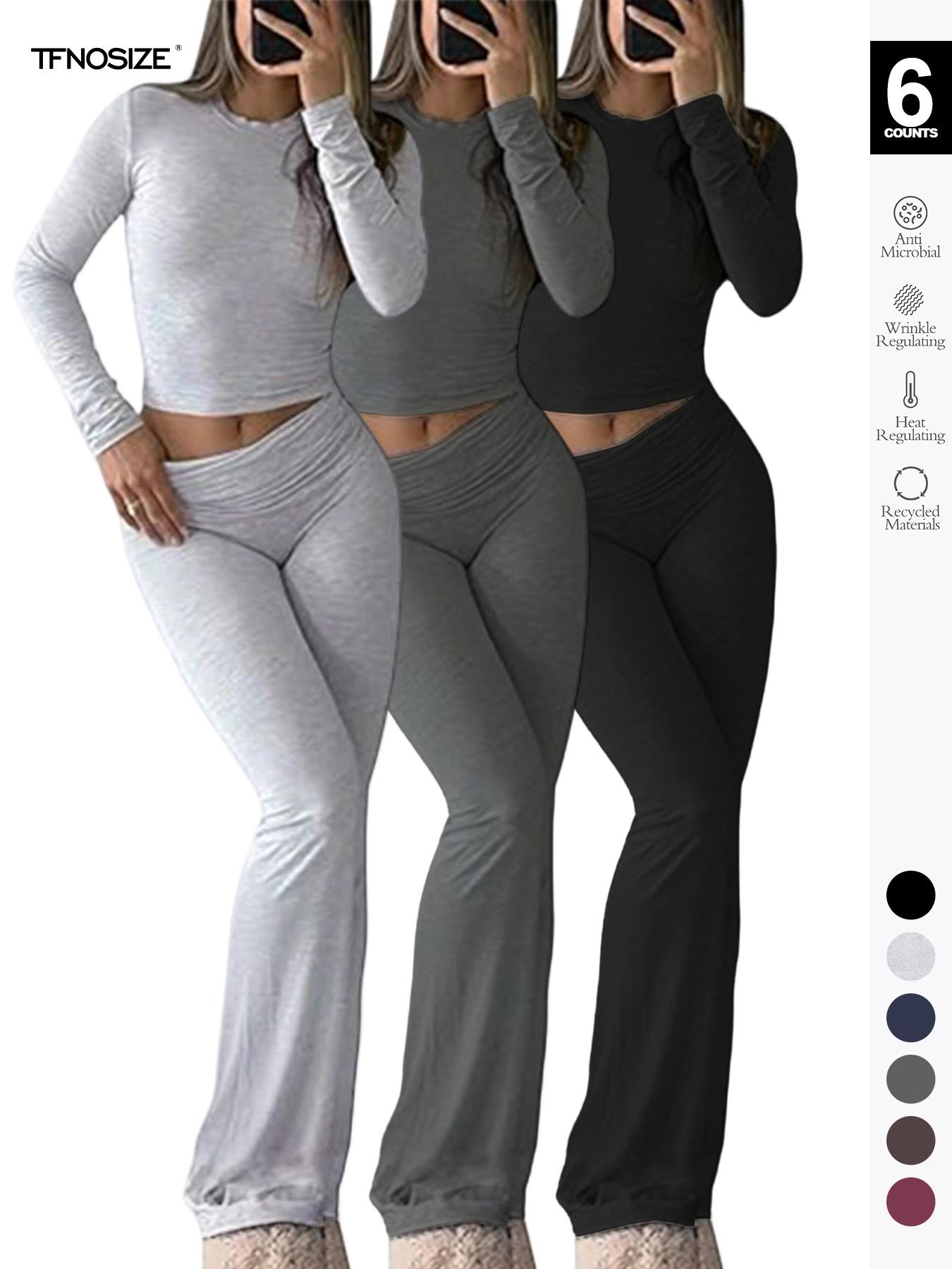 Women's 2 Piece Casual Pajama Set, Slim Fit Long Sleeve Top & Low Rise Bell Bottoms, Versatile Yoga Loungewear for All Seasons,Airport Outfit