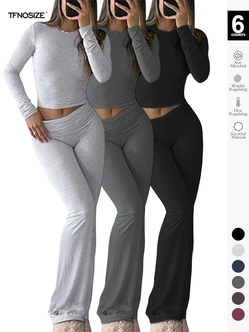 Women's 2 Piece Casual Pajama Set, Slim Fit Long Sleeve Top & Low Rise Bell Bottoms, Versatile Yoga Loungewear for All Seasons,Airport Outfit