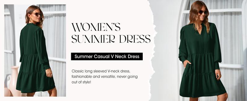 Wenrine Womens Fall Long Sleeve Tunic Dress Casual V Neck Loose Ruffle Tiered Dress