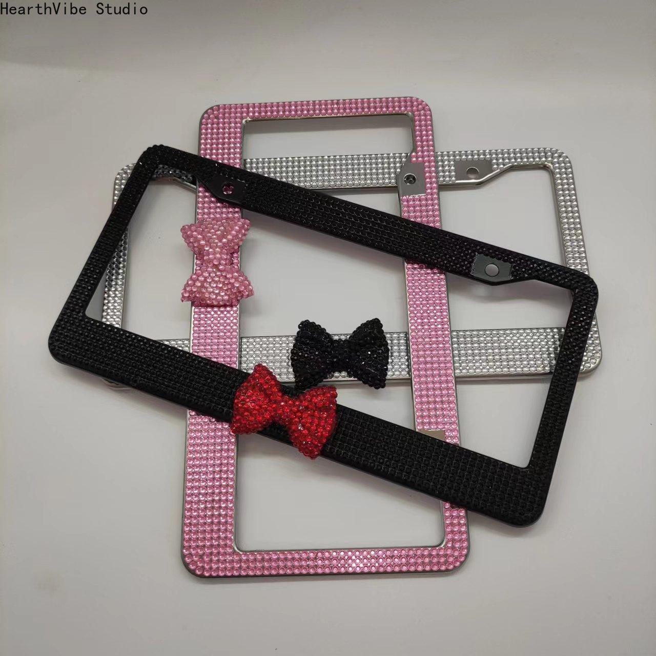 License Plate Frame for Women, Bling Pink Rhinestone Bowknot, Sparkly Stainless Steel Car Accessory, Universal US Standard, Accessories For Women, Girly Car Accessories, Cute Car Accessories