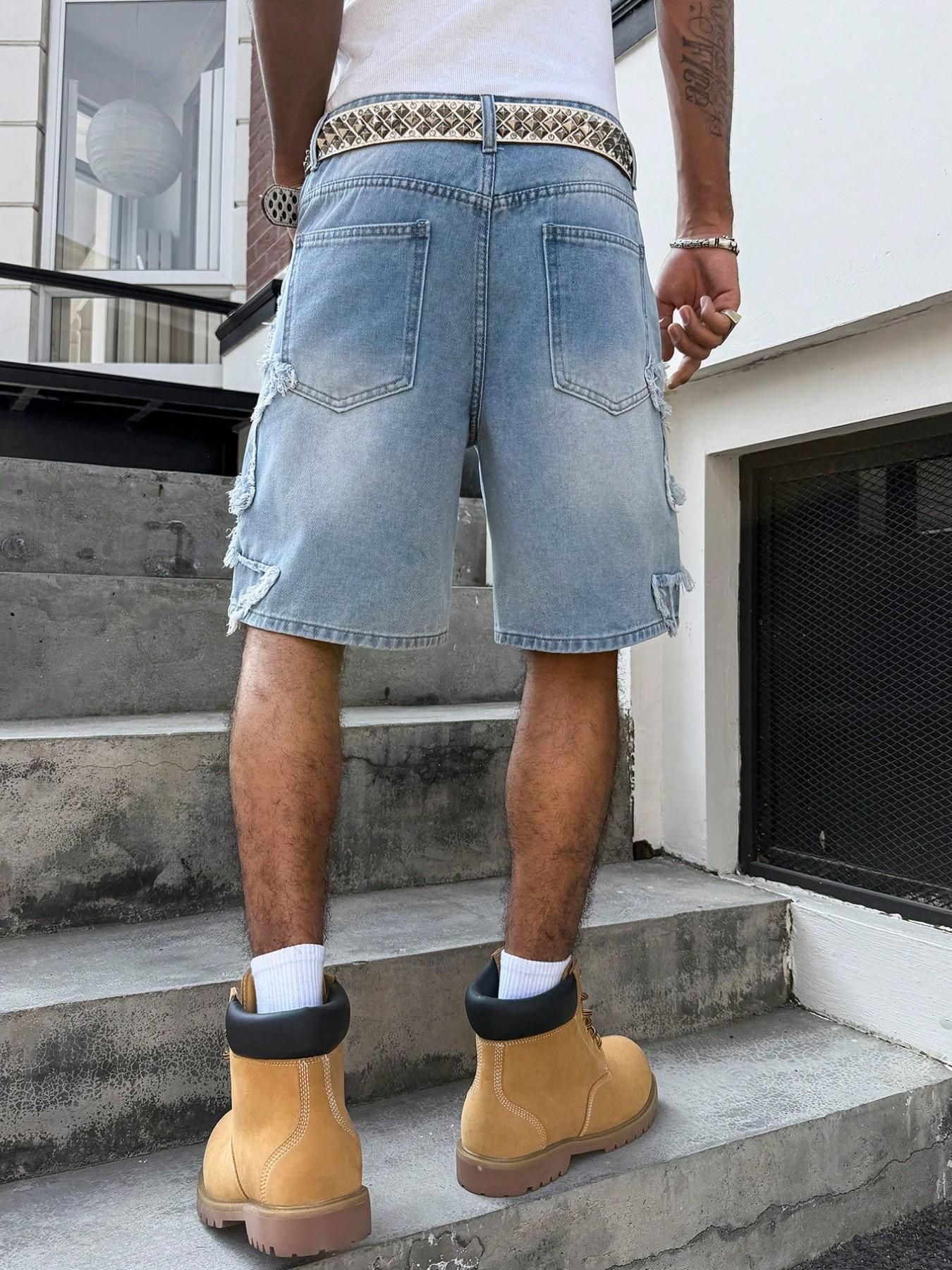 Light Blue American Vintage Washed Denim Five-Pocket Shorts for Men, Summer Loose Fit Slimming Wide Leg Pants, Trendy Star Print Shorties, Summer Casual Shorts
