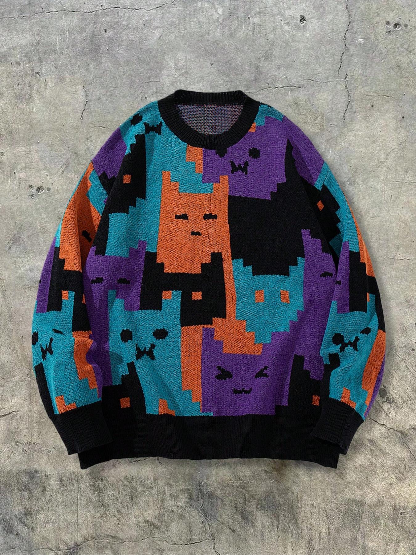 Unisex Casual Knitted Sweater, Vintage Crewnecks Jumper, Long Sleeve Round Neck Pullover, Cartoon Cat Pattern, Spring Fall Winter Wear, Comfortable Commuter Top