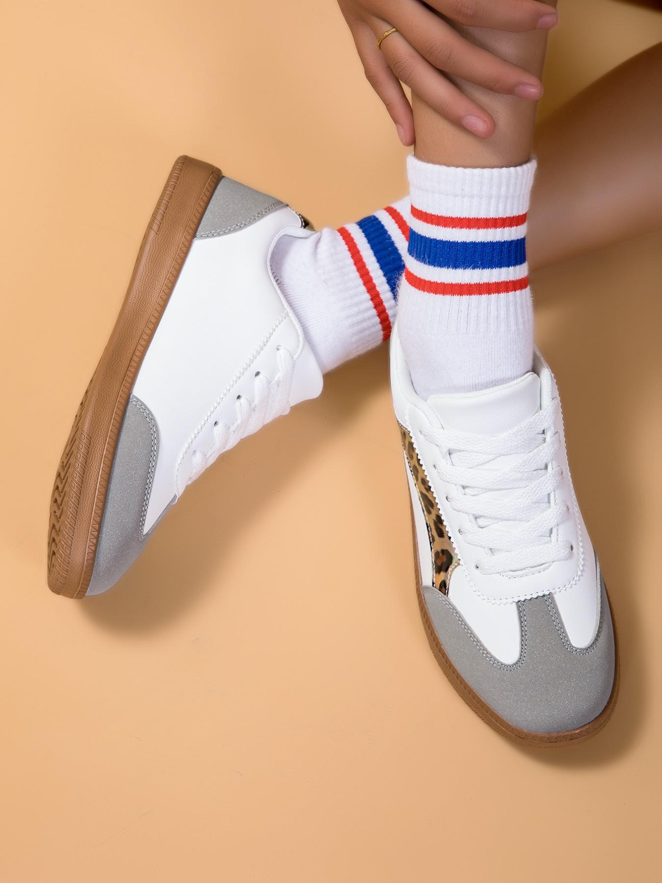 Dn. Monkeys Unisex Retro Leopard Print Sneakers, Laser Cut Patchwork Design, Casual Low Top PU Leather Shoes, All Seasons Comfort