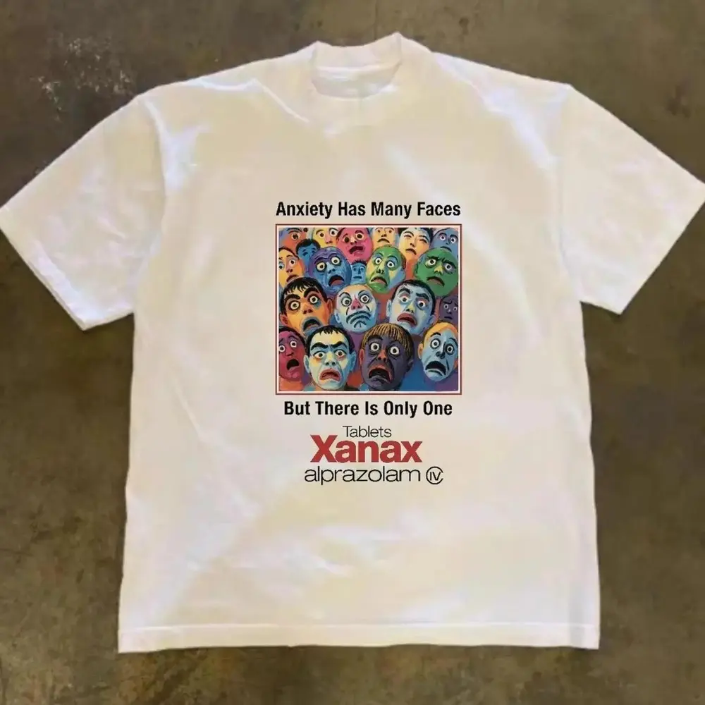 Gildan Men’s White T-Shirt, White Xanax Alprzolam Anxiety Has Many Face Drug Graphic Tee, Unisex Vintage Graphic Tees Gothic Grunge Y2k Emo Scene Amity Affliction Style Clothes Men Women Streetwear  Menswear