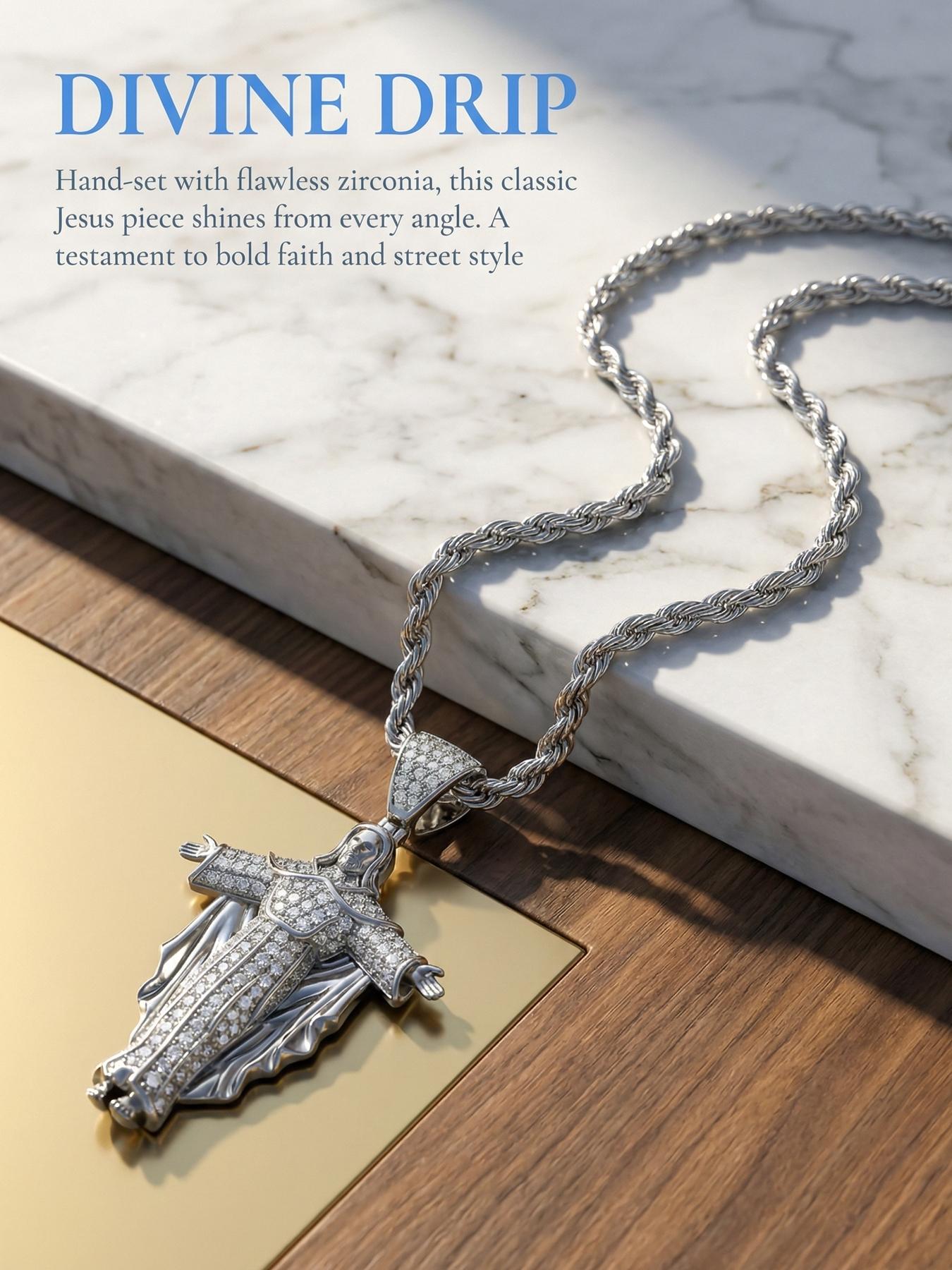 16K Copper Inlaid Zircon New Hip-hop Portrait Cross Pendant Necklace # Jewelry / Stainless Steel Chain / Colorfast / Hypoallergenic / Couple / Festival / Party / Ideal Gift