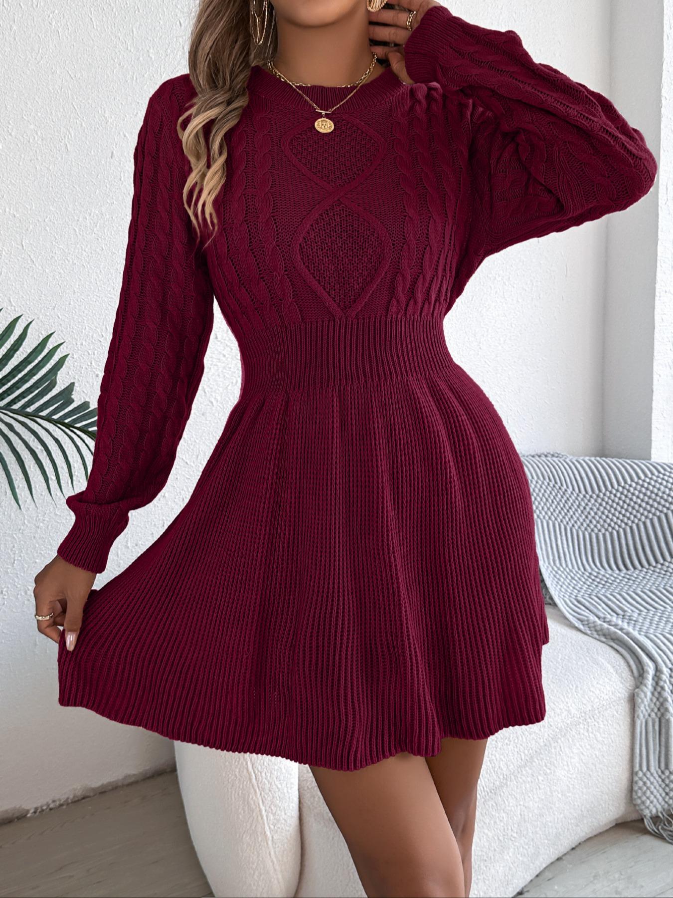 Women's Casual Round Neck Long Sleeve Sweater Dress, Autumn Winter Plain Knitwear, Comfortable Daily Wear, Ladies Fashion Clothing