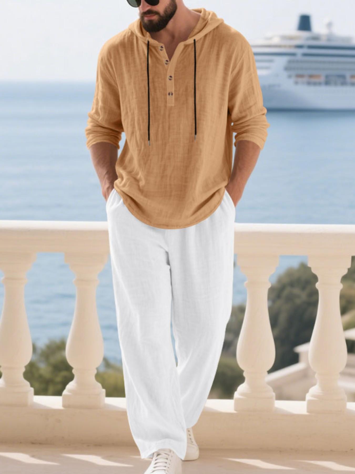 Men's Linen Set Spring Summer 2026, Beach Vacation Casual Style, Lightweight Breathable Hooded Shirt and Straight Leg Pants Two-Piece