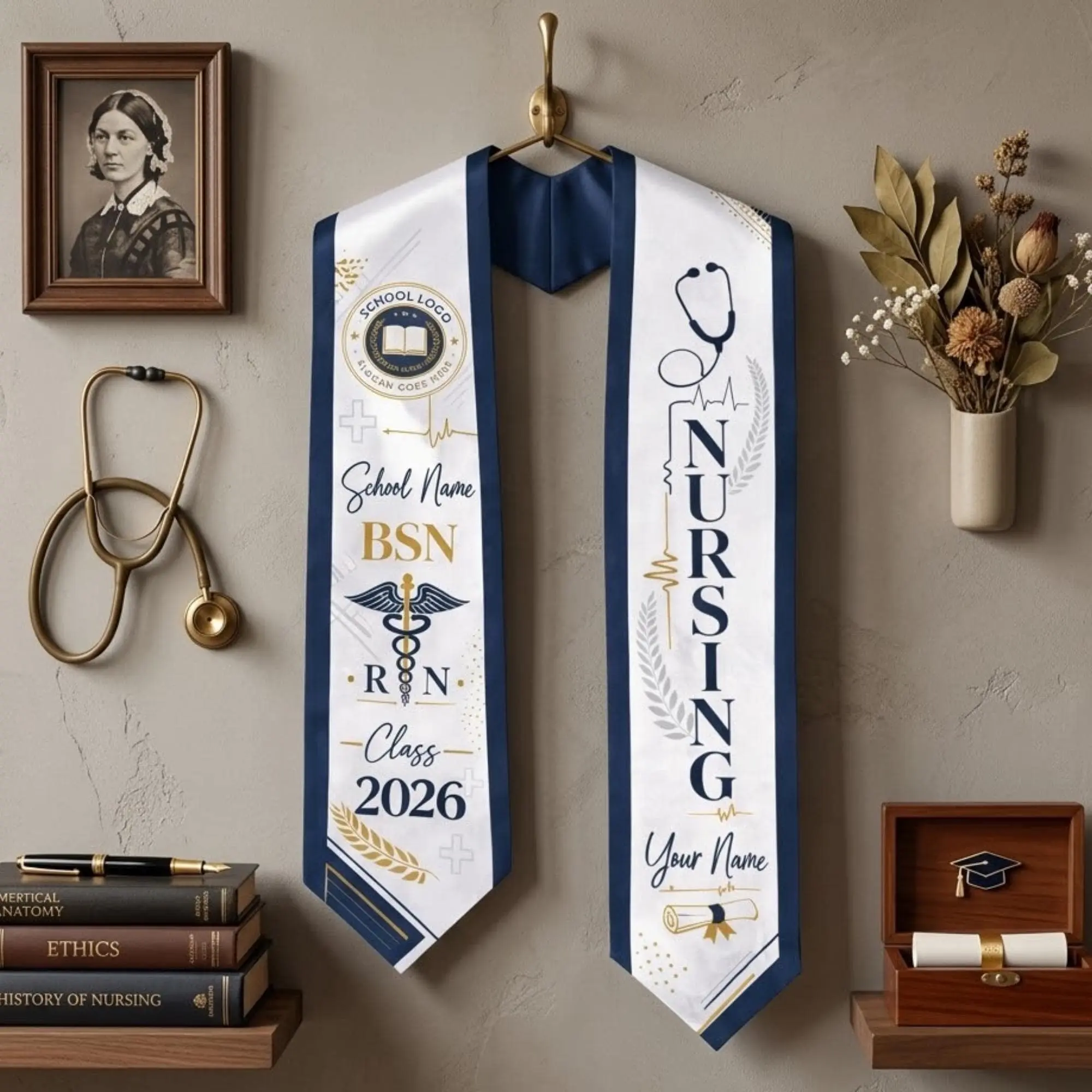 EastJia Made in USA Unisex Personalized Graphic Nursing Graduation Stole - 4.5x62in Fadesafe Print Sash, Custom RN BSN MSN Accessory, 2026 Class Exclusive, Premium Soft Polyester, Machine Washable Academic Keepsake Gift for Nursing Graduates