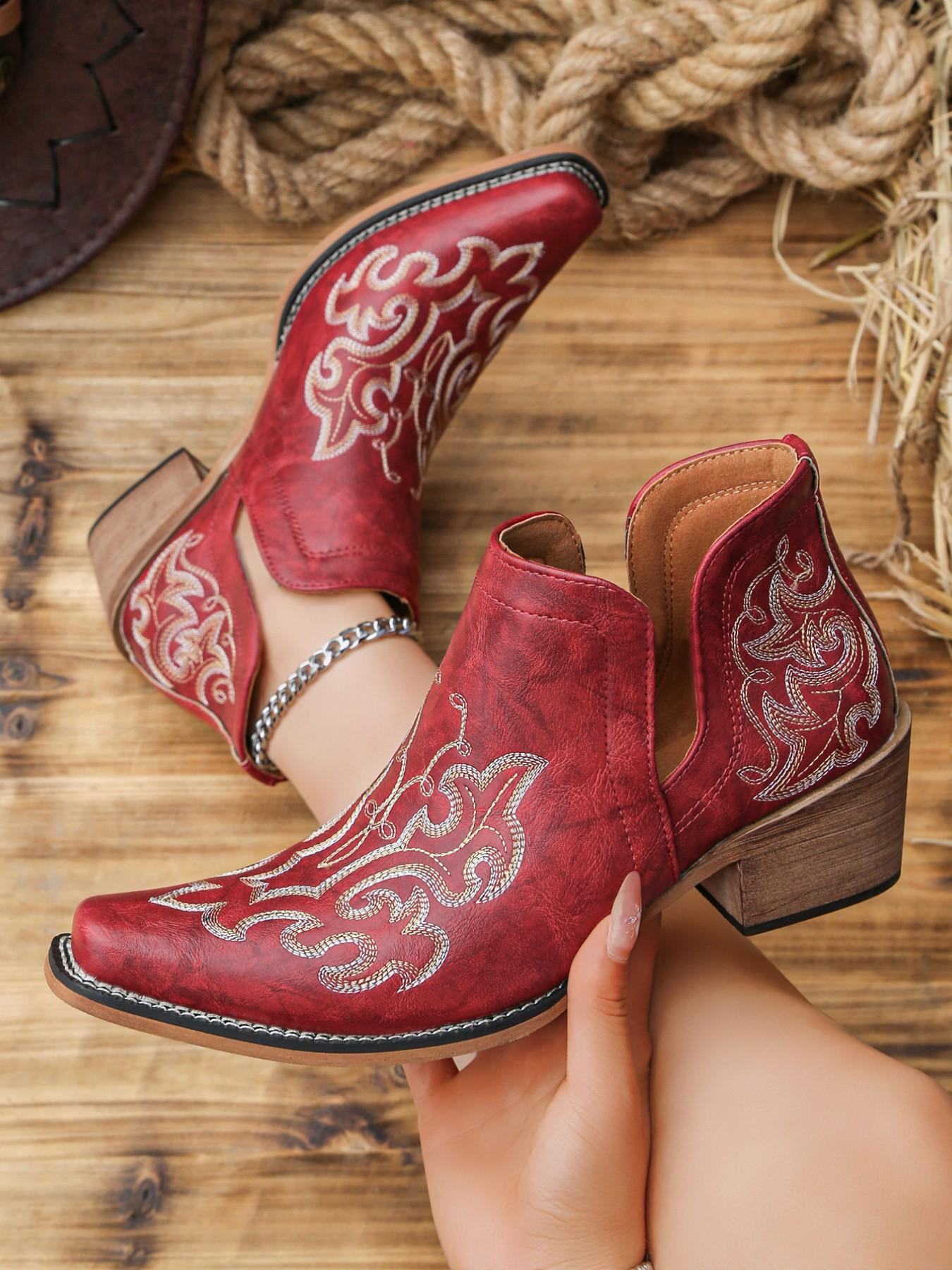 Women's Short Cowboy Ankle Boots, Embroidered Ankle Boots, V-Cut Slip-On Western Booties with Embroidery, Block Heel PU Leather Cowgirl Boots for Everyday Wear
