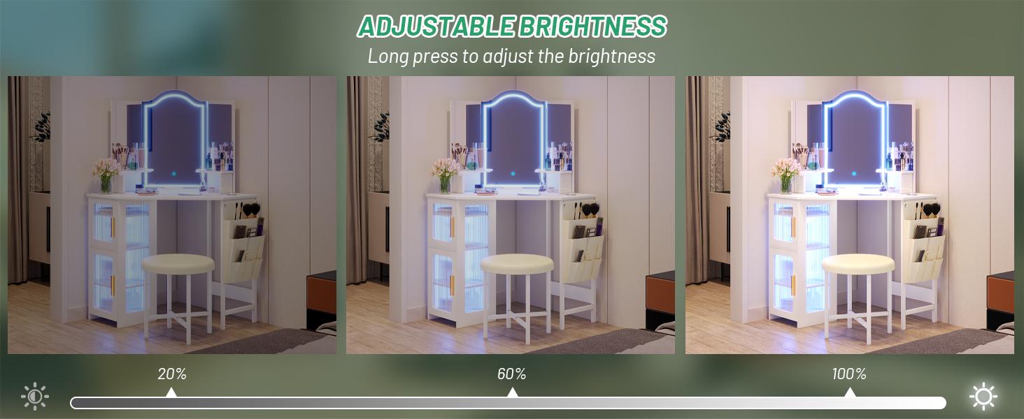 LVSOMT Vanity Desk with Mirror and Lights, Makeup Vanity with Charging Station, Dressing Table with 3 Lighting Options, Vanity Set with Drawers, Women’s Corner Vanity table, Grey