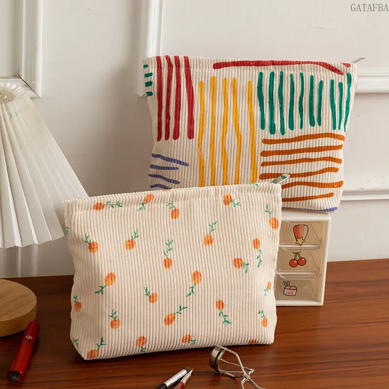 New Floral Corduroy Cosmetic Bag, Portable Large Capacity Storage Pouch for Lipsticks Makeup Brushes, Multifunctional Toiletry Organizer for Daily Travel