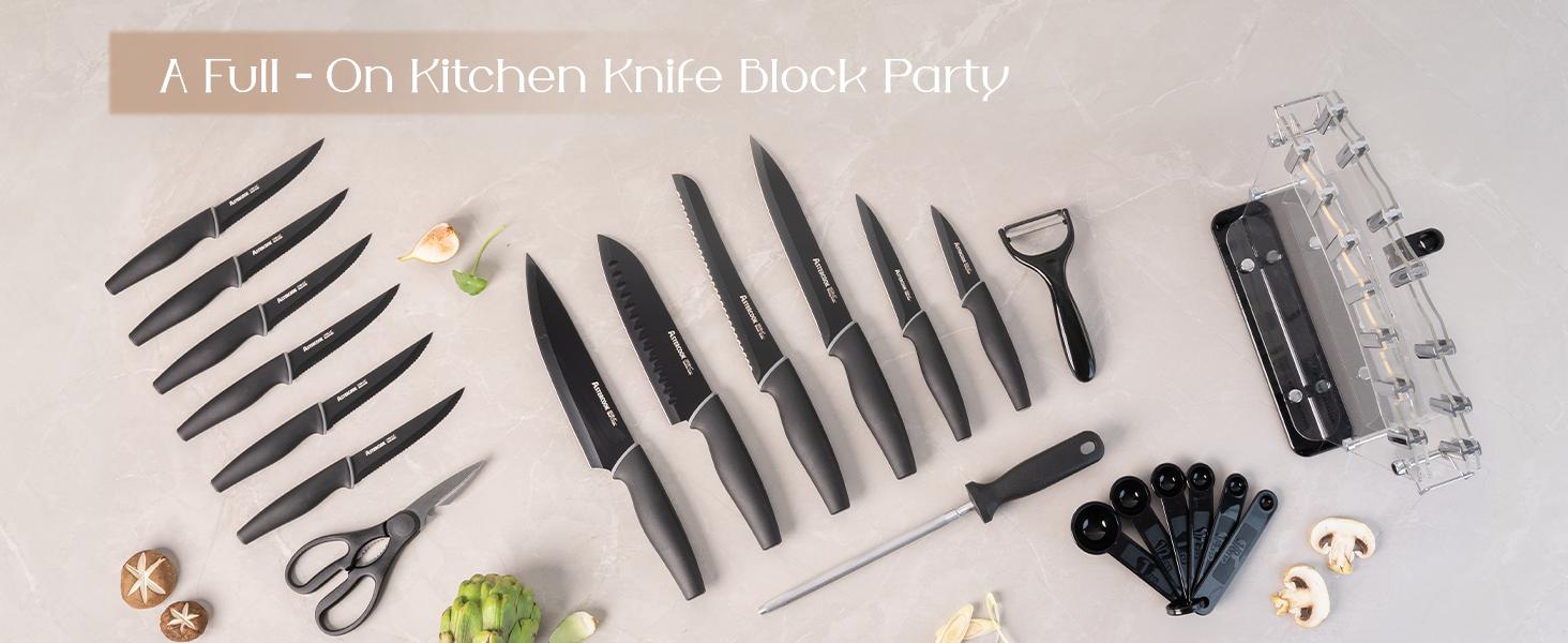 Astercook 22-Piece Knife Set with Block, German Steel, Chef & Steak Knives, Scissors, Sharpener & Peeler – Dishwasher Safe. Kitchen Kitchenware Kitchen Blade Stainless Traditional Wooden