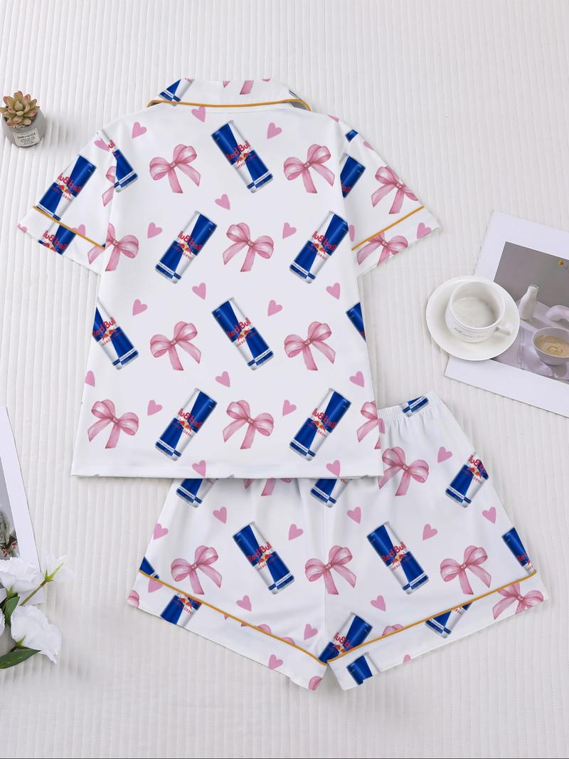 Women's Heart & Bow Print Sleepwear Set, Short Sleeve Button-Up Top & Elastic-Waist Shorts, Casual Loungewear for Home and Pajama Parties