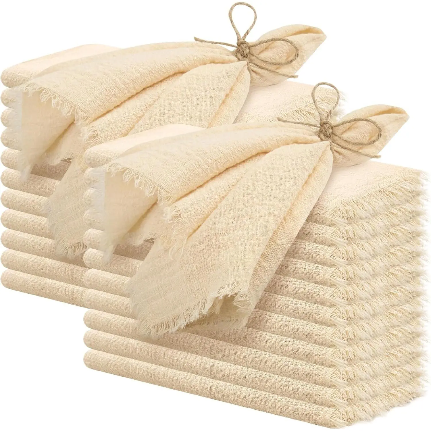 24 Pcs 16x16 Inches Beige Handmade Fringe Cloth Napkins Soft Delicate Rustic Cotton Linen Napkins Bulk for Wedding Dinner Party
