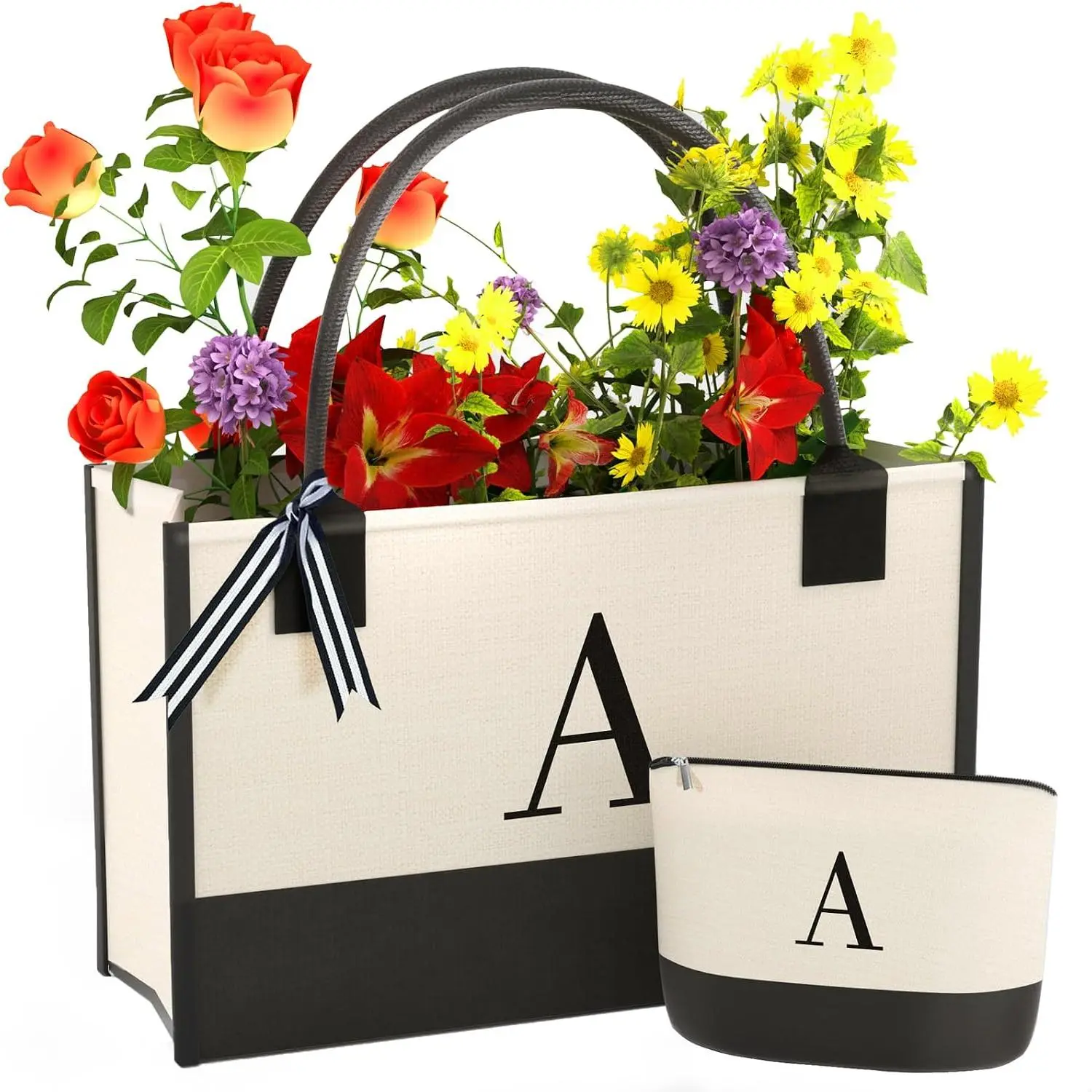 Monogrammed Canvas Tote Bag with Zipper Pockets - Ideal Gift for Mom, Teacher, Sister