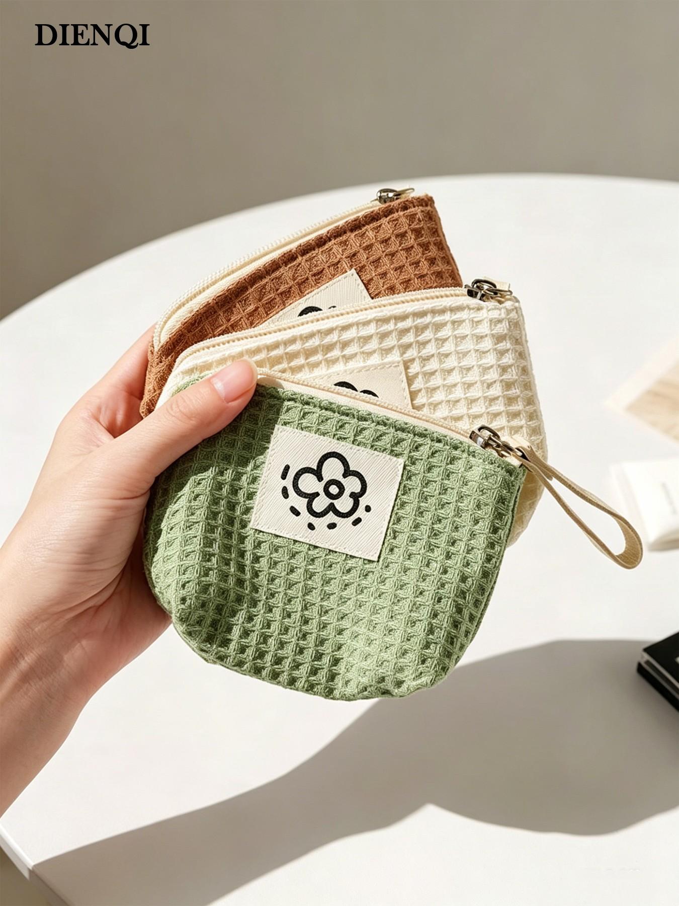 Cute Sunflower Weave Mini Zipper Pouch, Floral Patch Small Cosmetic Bag, Makeup Bags, Portable Coin Purse for Lipstick, Cards & Keys, Soft Cotton Travel Organizer, Travel Essentials Makeup Pouch