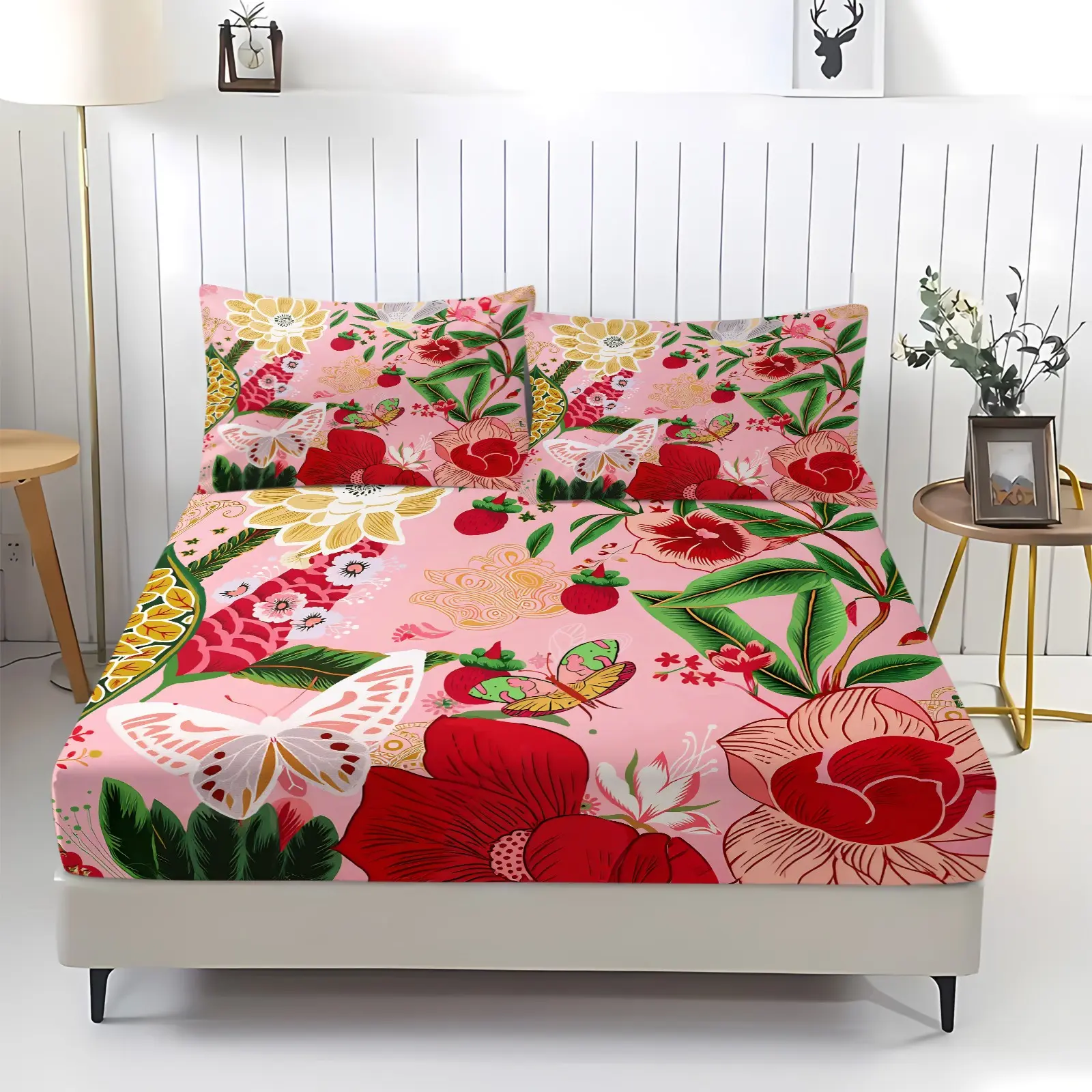 3‑Piece Pink Tropical Fruit & Floral Fitted Sheet Set & 2 Pillowcases, Strawberry Mangosteen Prints, Soft Breathable Skin‑Friendly Fabric, Deep Pocket Bedding Set, Tropical Bedroom Decor & Gift, Bed Sheets Set