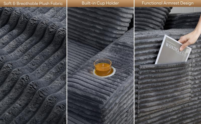 49" Oversized Chaise Lounge Sofa Bed with 2 Cup Holders & Storage Pocket - Plush Corduroy Upholstered, No Assembly Cloud Couch for Living Room, Bedroom, or Reading Nook