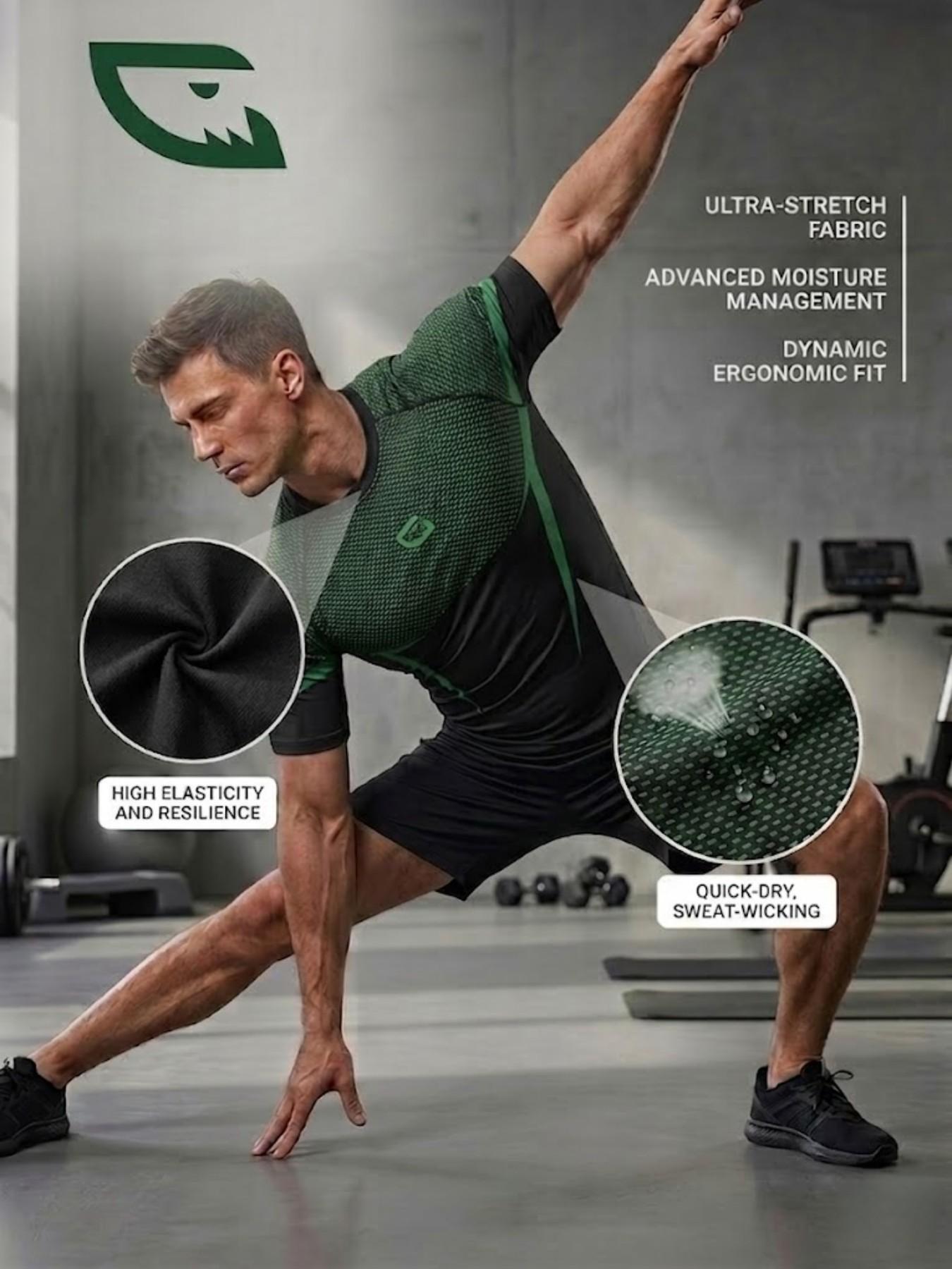 Men's Fitness Sport T-Shirt, Sporty Style, 10x Stretch, Quick Dry, Sweat-Wicking, Breathable, Ideal for Gym Training, Casual Wear