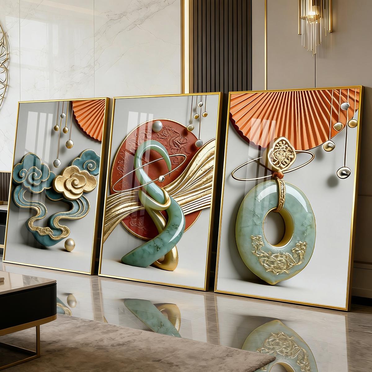3 Counts Aluminum Alloy Framed Painting, Abstract Jade And Gold Art Sculpture Pictures, Home Decoration For Living Room, Bedroom, Office, Restaurant, Hallway Wall Decor, Odorless Print Artwork, Luxury Perfect Gift For Friends And Family