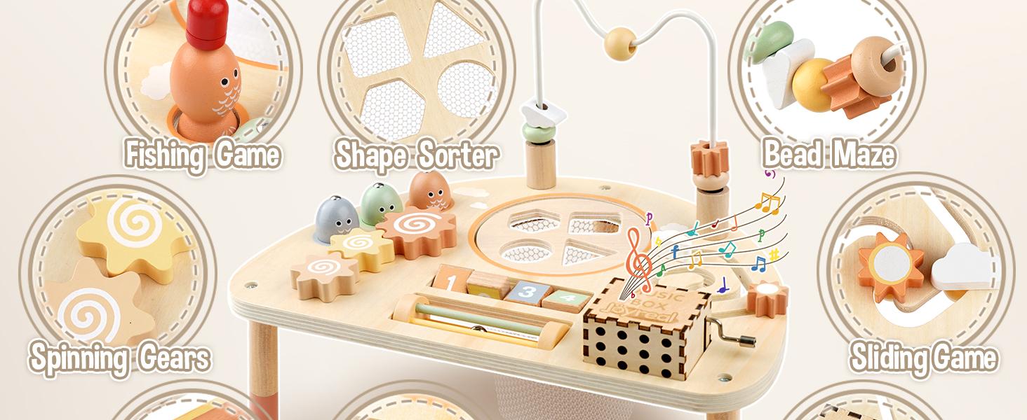 Joyreal Wooden Activity Table Busy Board for 18M+Toddler, with Fishing Game Bead Maze Shape Sorter Montessori Toys, Christmas Gift for Kid Joyreal Wooden Activity Table Busy Board for 18M+Toddler, with Fishing Game Bead Maze Shape Sorter Montessori Toys, Christmas Gift for Kid
