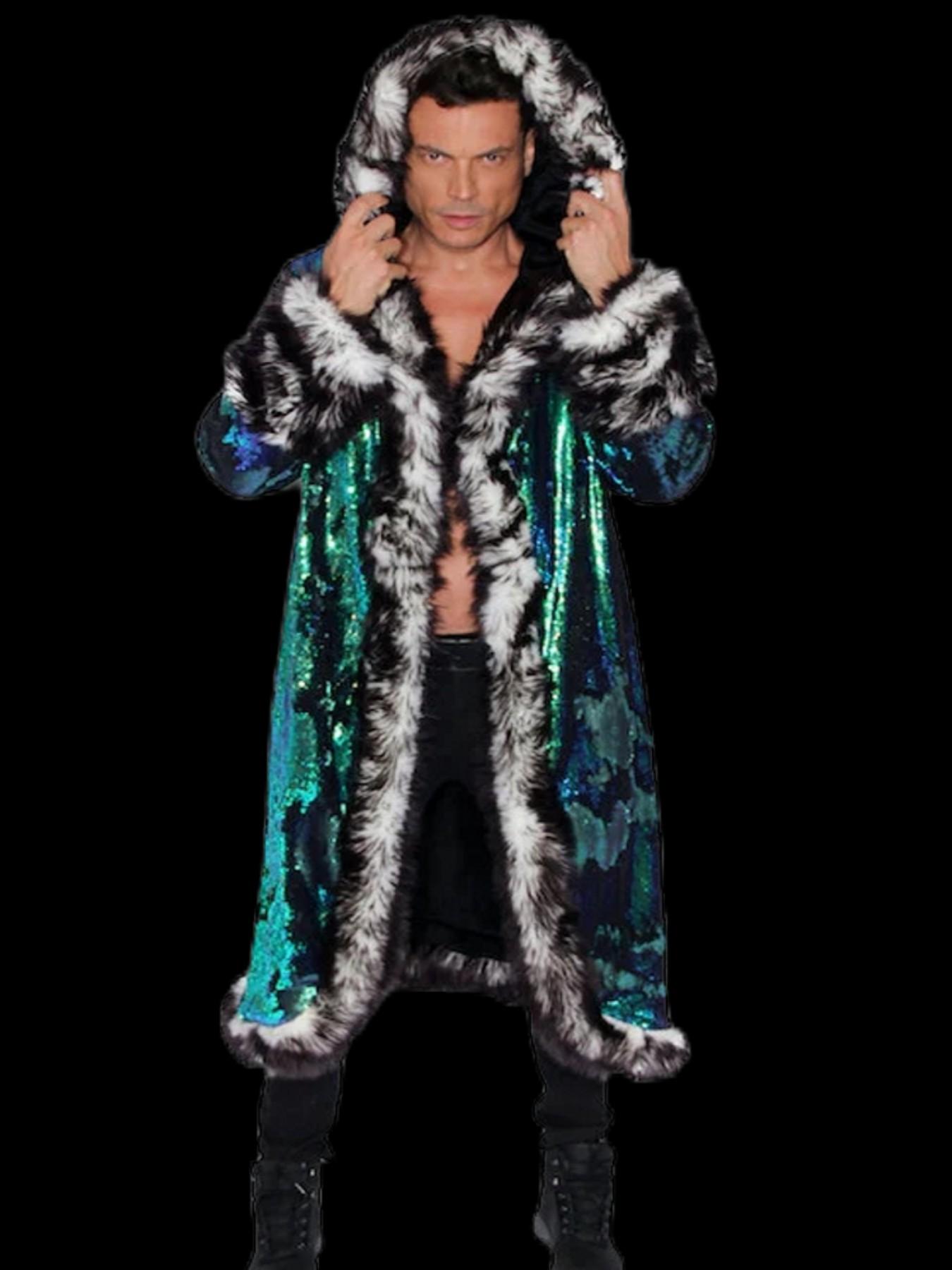 Men's LED Glow Hooded Jacket, Faux Fur Style, Colorful Light Strips, Plush Trim, Sequins, Festival Party Night Outwear