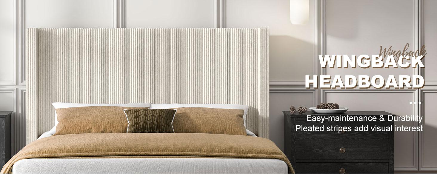 VanAcc Upholstered Platform Bed Frame, Wingback Bed with 50.8" Headboard, Modern Corduroy Design, Solid Wood Leg/No Box Spring Needed, Unique Bedroom Furniture