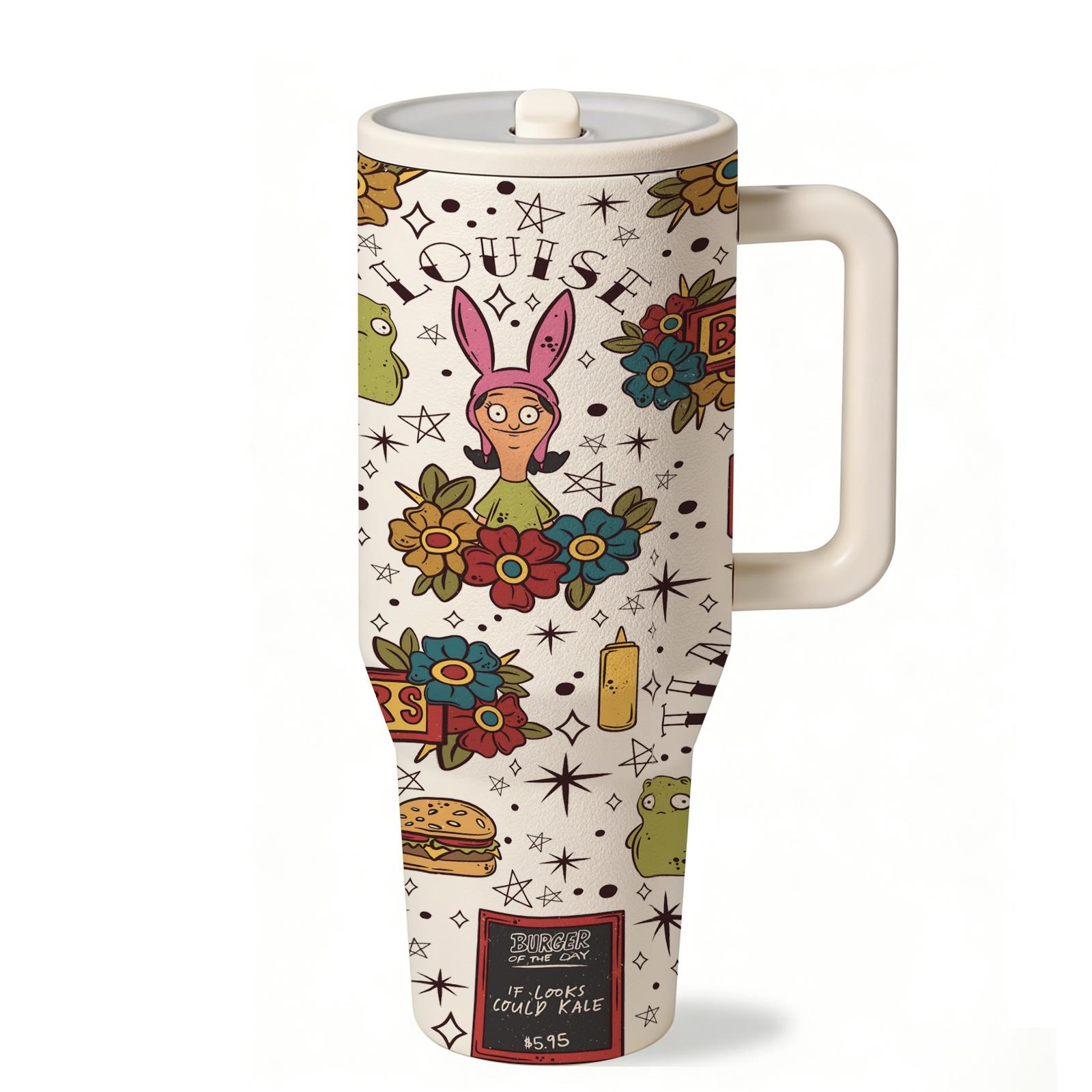 1 PC 40oz Leakproof Insulated Tumbler With Handle And Lid, Double Wall Stainless Steel Travel Mug, Leak Proof, Keeps Drinks Hot 12H Cold 24H, Cartoon Burger Family Print Cup, Large Capacity Thermal Mug, Flasks For Iced Coffee, Water, Gifts For Women Men